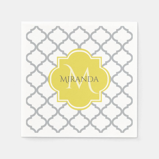 Chic White Gray Quatrefoil Yellow Monogrammed Name Paper Napkins (Front)