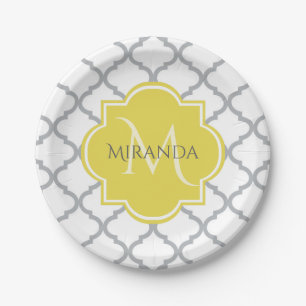 Chic White Gray Quatrefoil Yellow Monogrammed Name Paper Plates