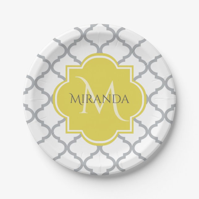 Chic White Gray Quatrefoil Yellow Monogrammed Name Paper Plates (Front)
