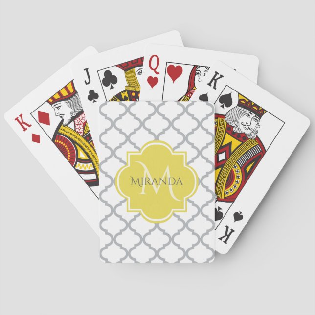 Chic White Gray Quatrefoil Yellow Monogrammed Name Poker Cards (Back)
