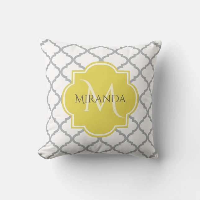 Chic White Gray Quatrefoil Yellow Monogrammed Name Throw Pillow (Front)