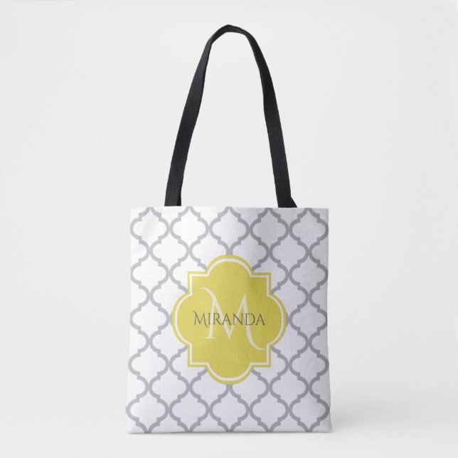 Chic White Gray Quatrefoil Yellow Monogrammed Name Tote Bag (Front)