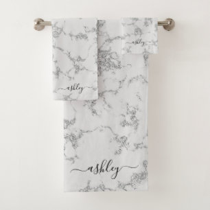 Chic White Gray Silver Marble Glitter Script Name Bath Towel Set