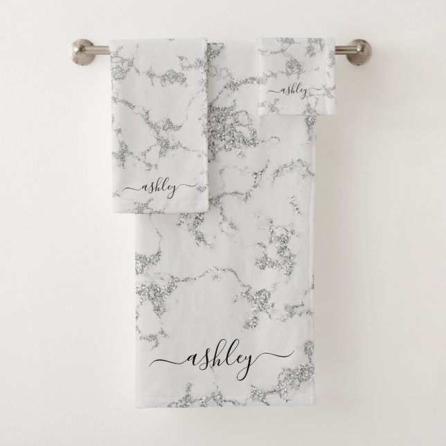 Chic White Gray Silver Marble Glitter Script Name Bath Towel Set (Insitu)