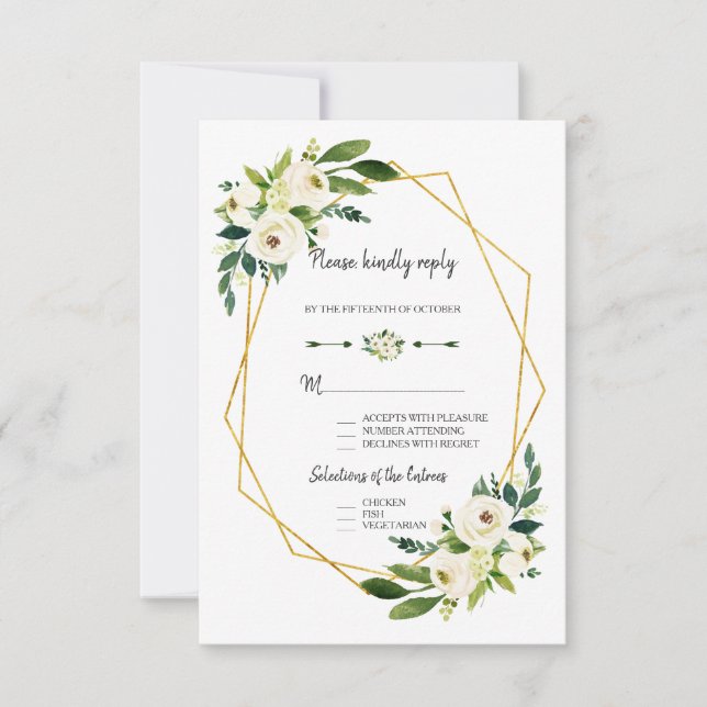 Chic White Green Floral Gold Frame Wedding RSVP Card (Front)
