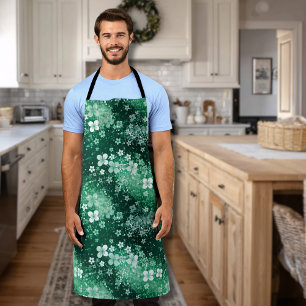Chic White Green Shamrocks & Dots on Dark Green Apron