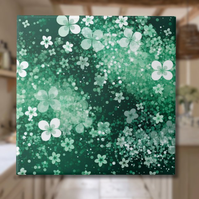 Chic White Green Shamrocks & Dots on Dark Green Ceramic Tile (Creator Uploaded)