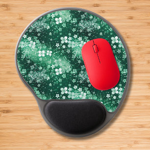 Chic White Green Shamrocks & Dots on Dark Green Gel Mouse Pad