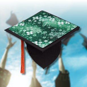 Chic White Green Shamrocks & Dots on Dark Green Graduation Cap Topper