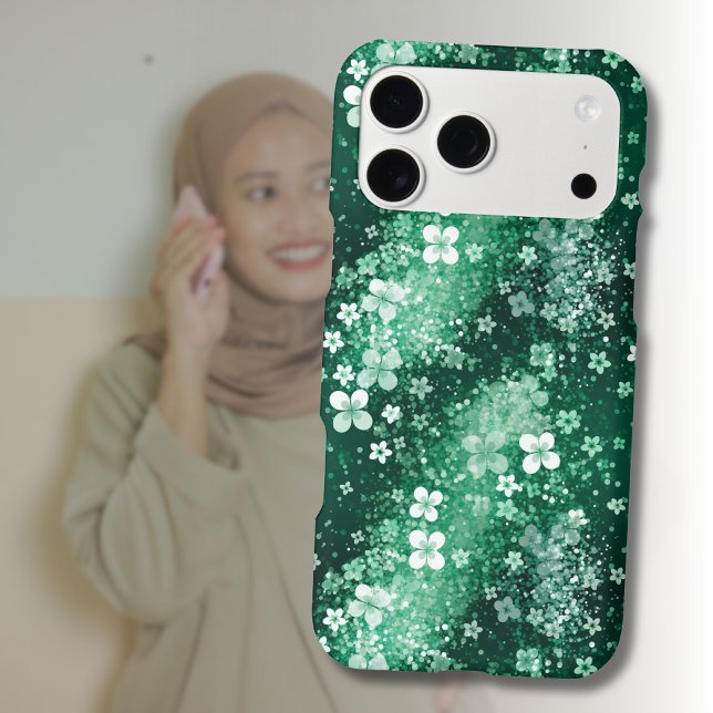 Chic White Green Shamrocks & Dots on Dark Green iPhone Case (Creator Uploaded)