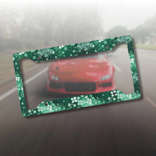 Chic White Green Shamrocks & Dots on Dark Green License Plate Frame