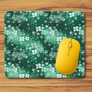 Chic White Green Shamrocks & Dots on Dark Green Mouse Pad