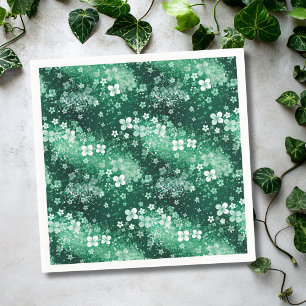 Chic White Green Shamrocks & Dots on Dark Green Napkins