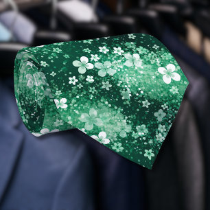 Chic White Green Shamrocks & Dots on Dark Green Neck Tie