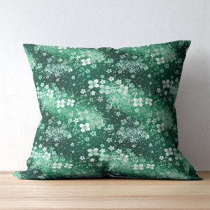 Chic White Green Shamrocks & Dots on Dark Green Throw Pillow