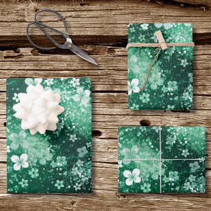 Chic White Green Shamrocks & Dots on Dark Green Wrapping Paper Sheets