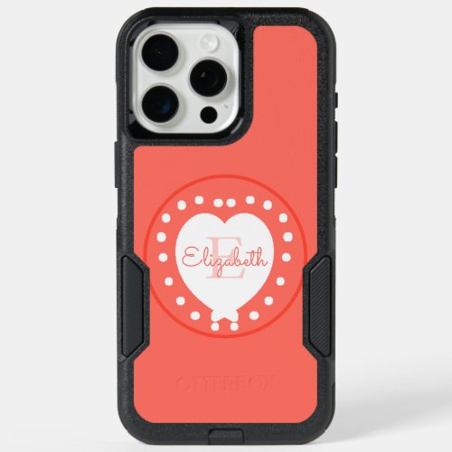 Chic White Heart on Coral Initial Letter Monogram iPhone 15 Pro Max Case