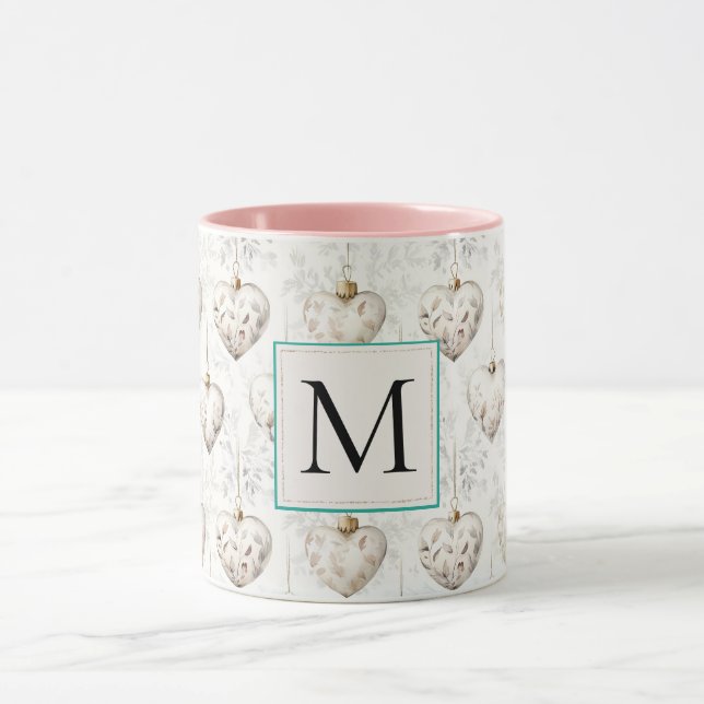 Chic White Heart Ornaments Monogram Mug (Center)