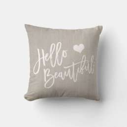 Chic white hello beautiful heart rustic linen throw pillow
