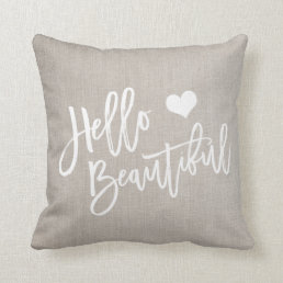 Chic white hello beautiful heart rustic linen throw pillow