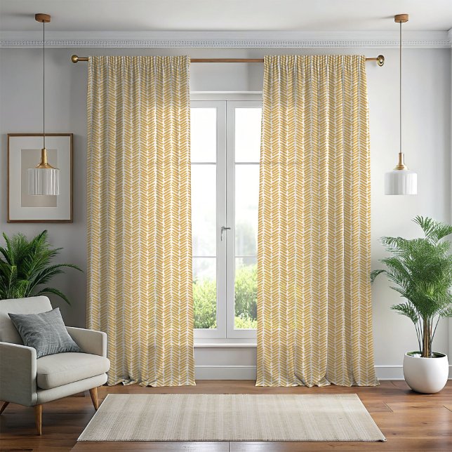 Chic White Honey Mustard Yellow Abstract Chevron Sheer Curtains (Creator Uploaded)