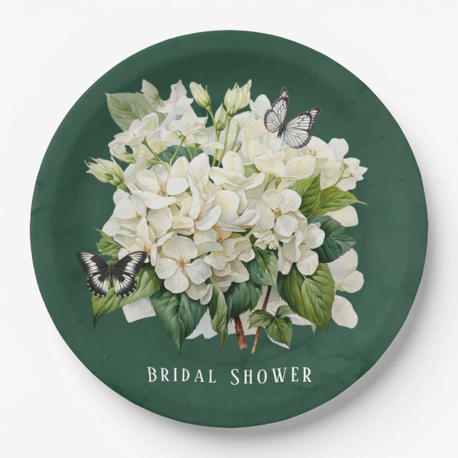 Chic White Hydrangea and Butterfly Bridal Shower Paper Plates (Front)