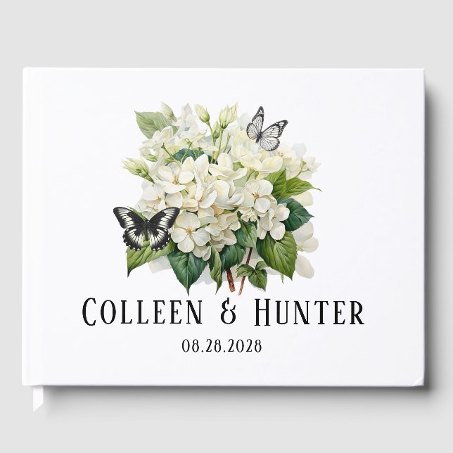 Chic White Hydrangea and Butterfly Wedding Guest Book (Front)