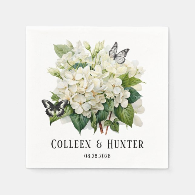 Chic White Hydrangea and Butterfly Wedding Napkins (Front)