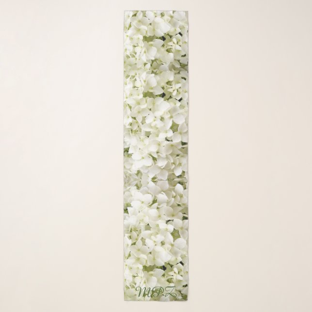 Chic White Hydrangea Floral Sage Green Monogram Scarf (Front)