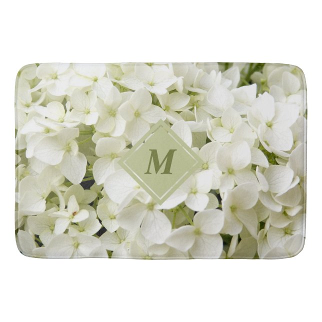 Chic White Hydrangea Sage Green Monogram Bath Mat (Front)