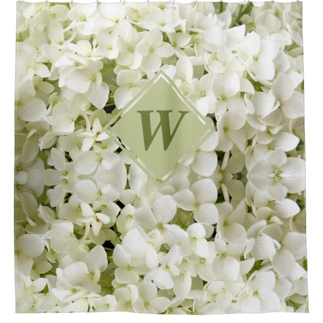 Chic White Hydrangea Sage Green Monogram Shower Curtain (Front)