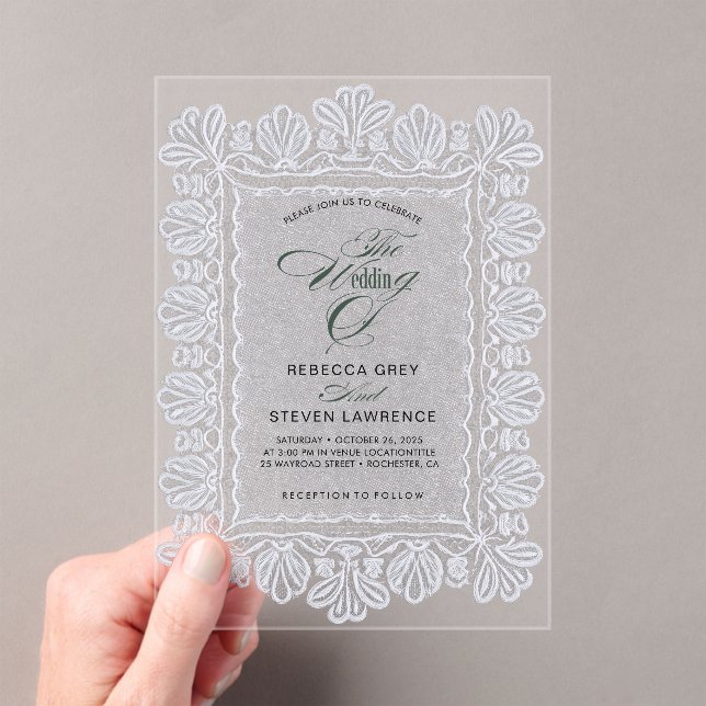 Chic white lace calligraphy wedding acrylic invitations (Insitu (Handheld))