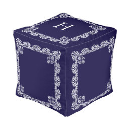 Chic White Lace Vector &amp; Monogram on Navy Blue Pouf
