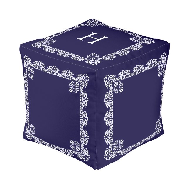 Chic White Lace Vector & Monogram on Navy Blue Pouf (Angled Front)