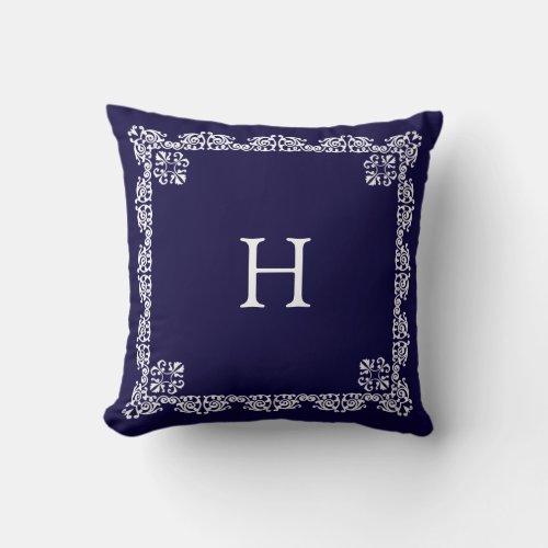 Chic White Lace Vector  Monogram on Navy Blue Throw Pillow
