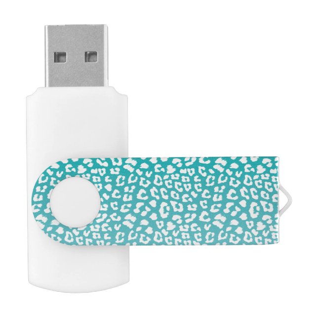 Chic White Leopard Spots on Turquoise Flash Drive (Opened)