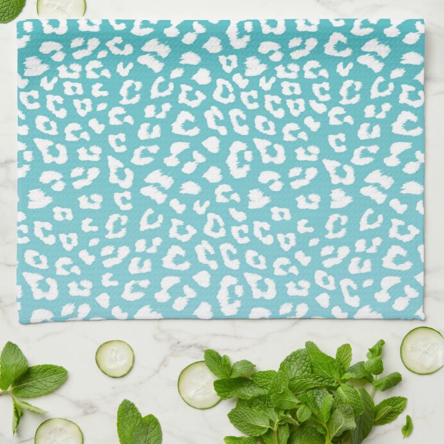 Chic White Leopard Spots on Turquoise Kitchen Towel (Folded)