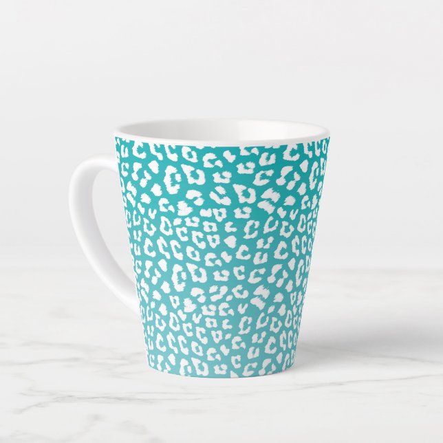 Chic White Leopard Spots on Turquoise Latte Mug (Left Angle)