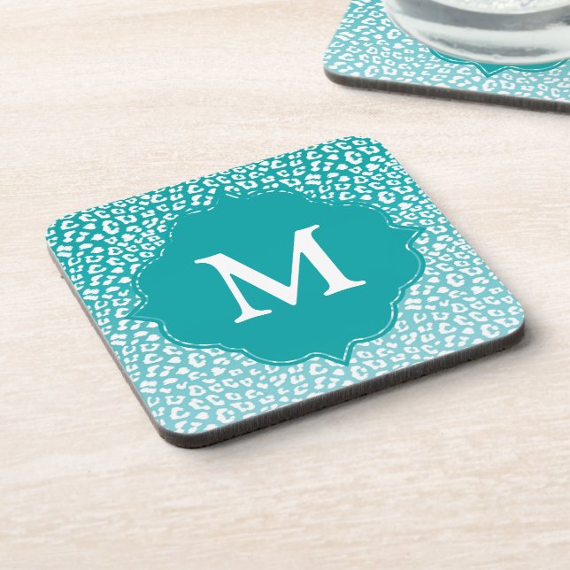 Chic White Leopard Spots on Turquoise Monogram Beverage Coaster (Left Side)
