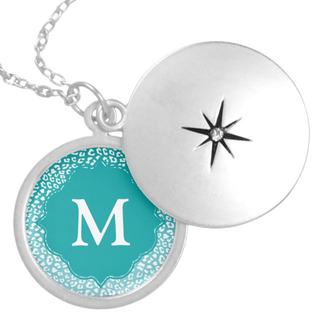 Chic White Leopard Spots on Turquoise Monogram Locket Necklace (Front)