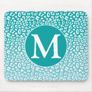 Chic White Leopard Spots on Turquoise Monogram Mouse Pad