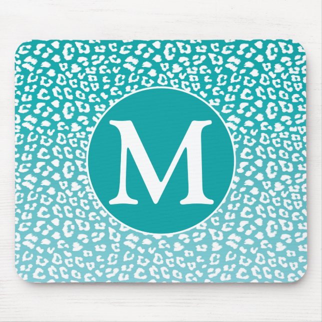 Chic White Leopard Spots on Turquoise Monogram Mouse Pad (Front)