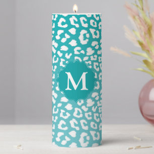 Chic White Leopard Spots on Turquoise Monogram Pillar Candle
