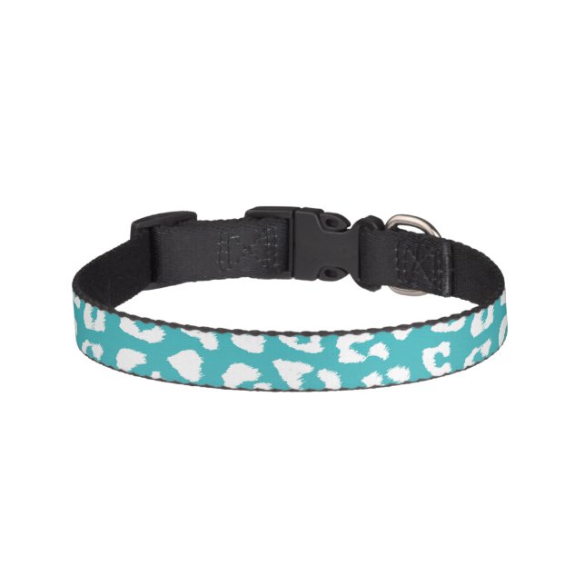 Chic White Leopard Spots on Turquoise Pet Collar (Front)