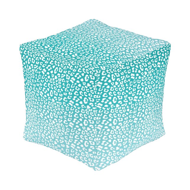 Chic White Leopard Spots on Turquoise Pouf (Angled Back)