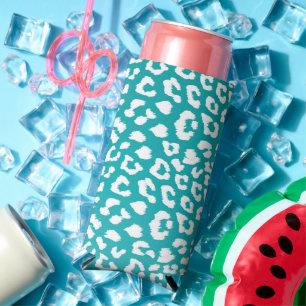 Chic White Leopard Spots on Turquoise Seltzer Can Cooler