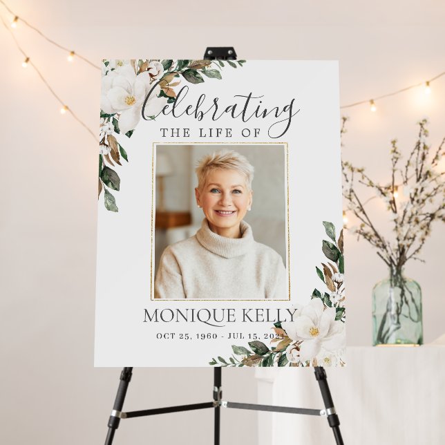 Chic White Magnolia Floral Photo Funeral Memorial Foam Board (In Situ (Stand))