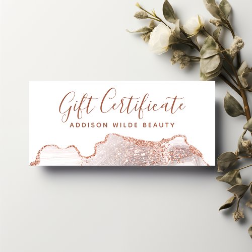 Chic White Marble Agate Rose Gold Gift Certificate