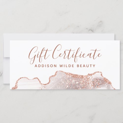 Chic White Marble Agate Rose Gold Gift Certificate