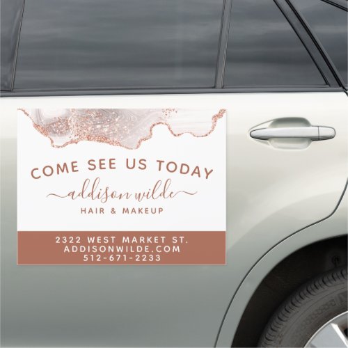 Custom Car Magnets 13 Chic White Marble Agate Rose Gold Glitter Business Car Magnet